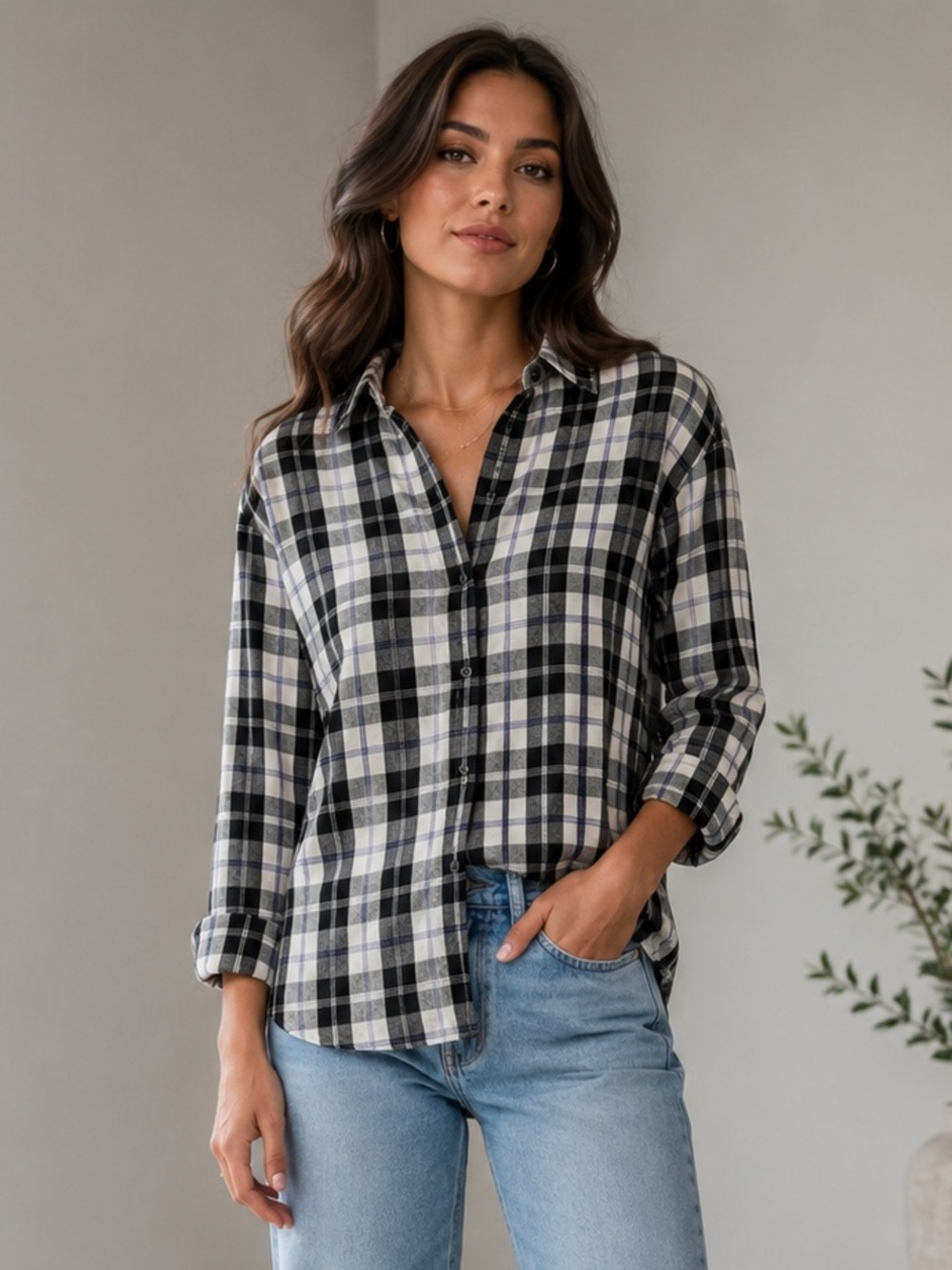 J. Crew Plaid Button Down Shirt Women’s Size 4 Black Blue Cream Cotton